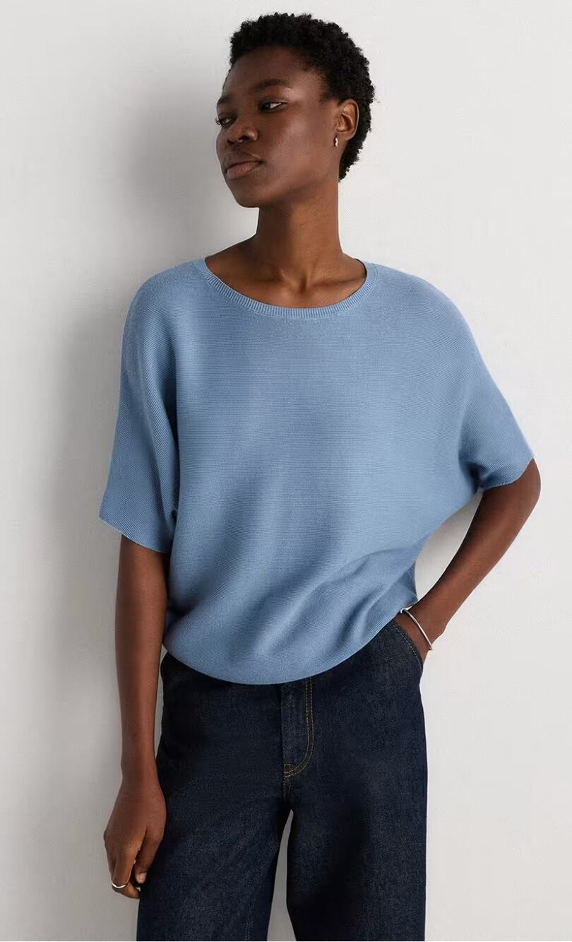 QUINCE Lightweight Cotton Cashmere Link-Stitch Dolman Sweater in Blue Size M